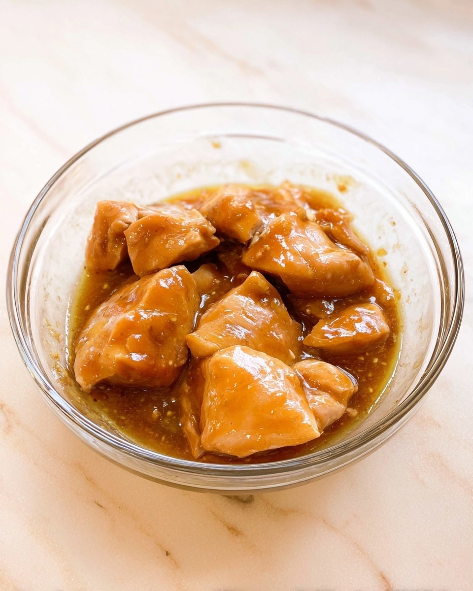 A clear glass bowl holds several pieces of raw chicken marinated in a shiny brown sauce, each piece coated evenly and appearing tender and juicy. The chicken pieces vary in size and are arranged loosely within the bowl, which sits on a white marbled surface. The sauce has a smooth, slightly thick texture and glistens under bright light. Photo taken with an iphone --ar 4:5 --v 7