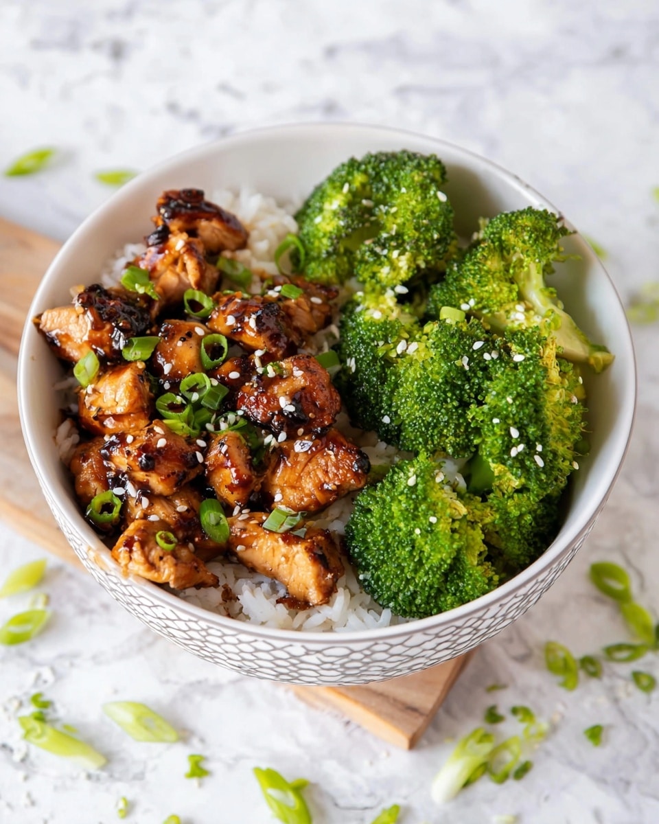 A white bowl with a honeycomb pattern holds a meal with three layers. The bottom layer is white rice covering the whole bowl. On top of the rice, on the left side, there are small pieces of grilled chicken with a rich brown glaze and slightly charred spots. They are garnished with chopped green onions and white sesame seeds. On the right side, there are bright green broccoli florets, steamed and fresh looking, also sprinkled lightly with sesame seeds. The bowl is placed on a white marbled surface with some scattered green onion pieces around. Photo taken with an iphone --ar 4:5 --v 7
