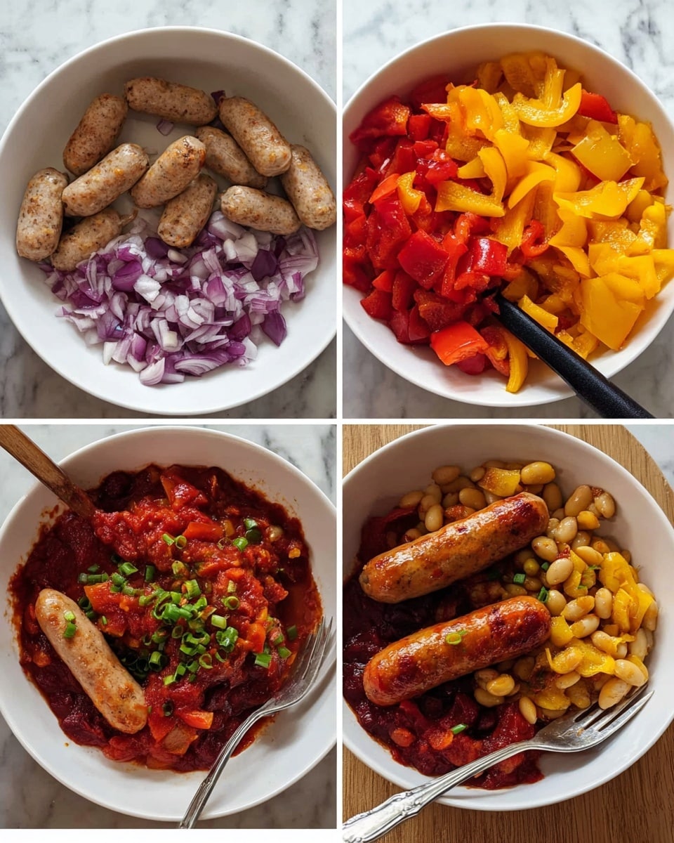 A white bowl shows four cooking stages: top left has four light brown sausages and chopped purple onions scattered on the bottom layer; top right shows the same sausages and onions with a large mix of bright red, yellow, and orange chopped bell peppers on top, a black spoon with a wooden handle resting inside; bottom left has cooked yellow and red bell peppers forming a bed, topped with dark red tomato sauce and a pile of white beans; bottom right displays the finished dish in a white bowl, with one sausage on top of the red sauce mixed with cooked yellow and red bell peppers, white beans, and finely chopped green onions sprinkled over, a silver fork on the left side; all placed on a white marbled surface photo taken with an iphone --ar 4:5 --v 7