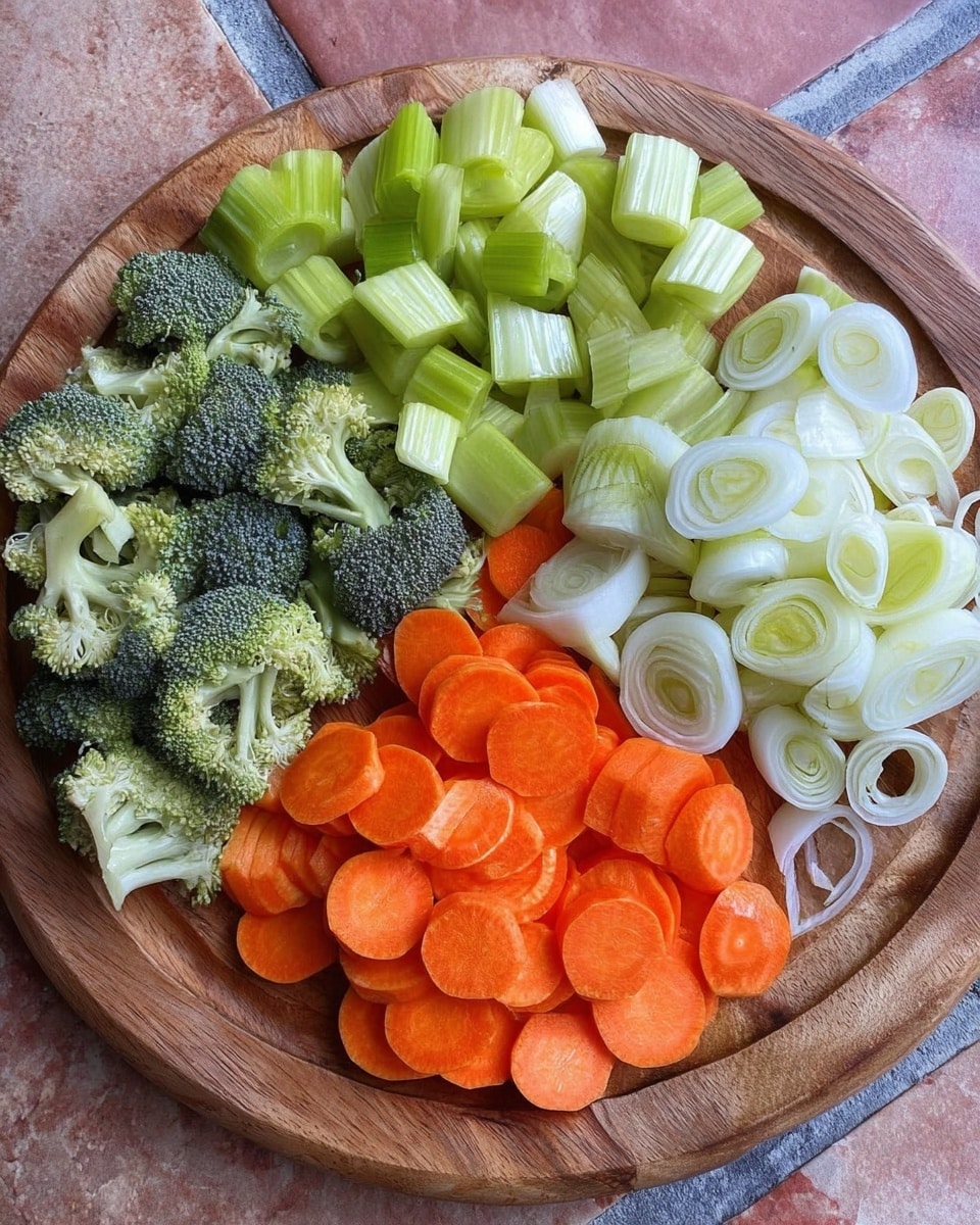 A round wooden board filled with four piles of sliced vegetables arranged separately: dark green broccoli florets on the left side, light green thick celery slices above the broccoli, bright orange carrot rounds stacked on the top right, and pale white to light green leek rings layered in the bottom right. The board is placed on a tiled surface. photo taken with an iphone --ar 4:5 --v 7