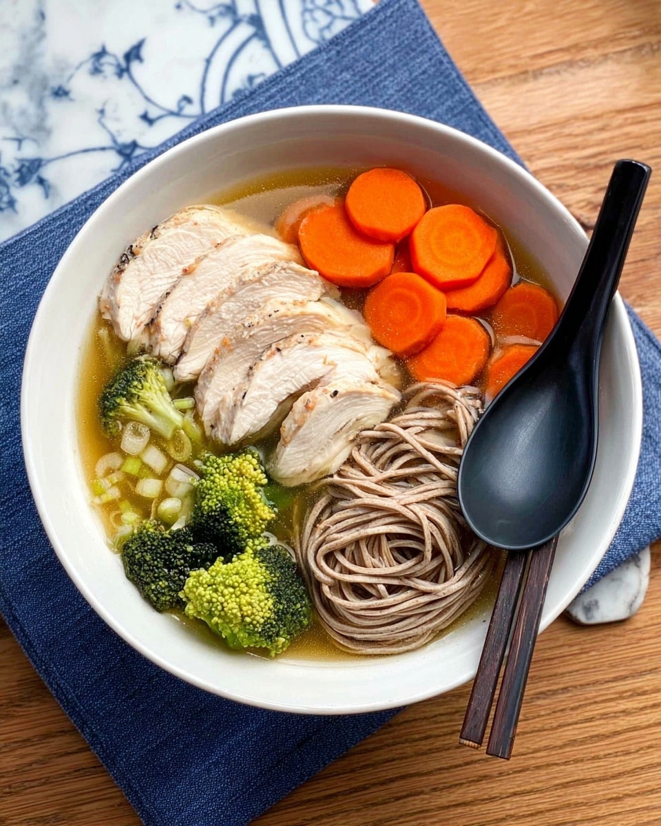 The image shows a white bowl filled with a clear broth and several layers of food inside. On the bottom left, there are five slices of light beige cooked chicken arranged in a neat row. Next to the chicken, moving clockwise, there is a small pile of pale green and white sliced leek pieces. Above the leeks, three bright orange carrot slices sit neatly on top. To their right, a bundle of light brown noodles is placed, partially submerged in the broth. Below the noodles, small green broccoli florets are arranged beside the leeks and chicken. A black spoon rests inside the bowl on the right side, partly under the broth. The bowl is set on a blue cloth on a white marbled textured surface. There is also a white bowl with blue patterns and a pair of chopsticks on the top right edge of the photo taken with an iphone --ar 4:5 --v 7