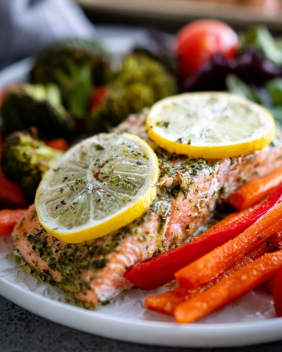 A thick piece of cooked salmon with a green herb seasoning covers most of a white plate with a white marbled texture. On top of the salmon, two thin lemon slices are neatly placed. Around the salmon, there are bright orange carrot sticks and bright red bell pepper strips on one side, and dark green roasted broccoli florets on the other. In the background, a mix of dark lettuce leaves and a red tomato piece adds more color to the dish. The focus is on the salmon and vegetables, showing clear texture in the fish and the roasted vegetables. photo taken with an iphone --ar 4:5 --v 7