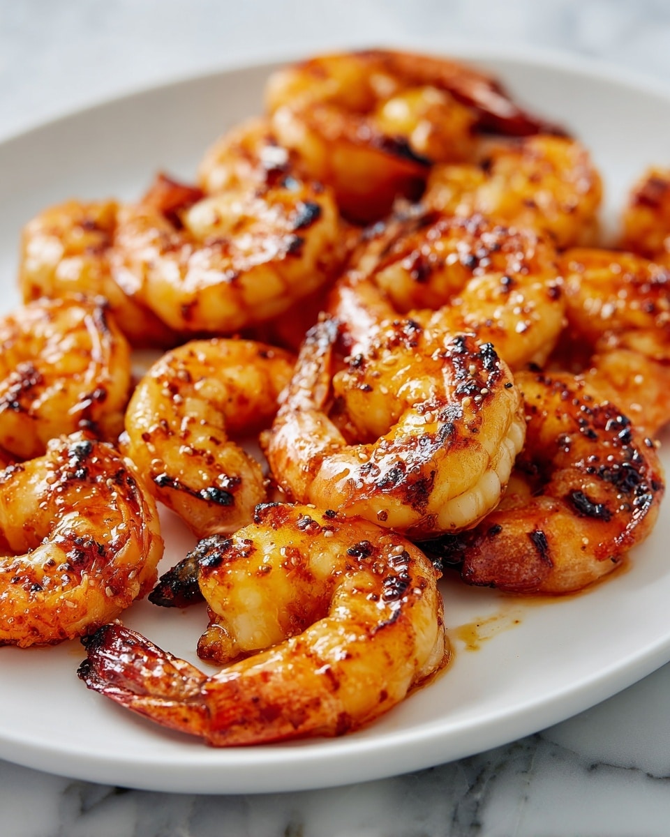 The image shows a close-up view of several grilled shrimp lined up in a row on a white plate. Each shrimp has a curved shape with an orange-pink shell that has darker grilled spots and a shiny glaze. The shrimp's texture looks firm and slightly charred in some parts, with light seasoning visible on the surface. The plate rests on a white marbled surface, adding a clean and elegant background. The shrimp are the main focus, filling most of the frame, highlighting their glossy and grilled appearance photo taken with an iphone --ar 4:5 --v 7