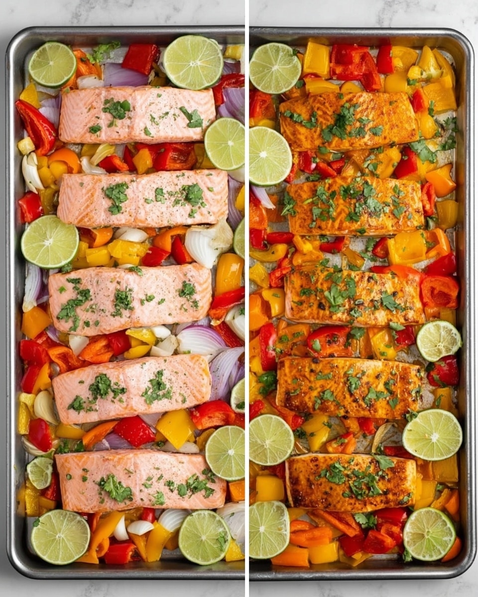 The image shows two side-by-side metal baking trays with a white marbled surface underneath. Each tray holds three large rectangular pieces of raw pink salmon, spaced evenly among chopped red, yellow, and orange bell peppers, white onion chunks, and lime slices placed on top of and around the fish. Fresh green herbs are sprinkled over the food. The left tray shows the ingredients before cooking, with bright fresh colors and moist textures, while the right tray shows the cooked dish with salmon and vegetables slightly charred, deeper orange and brown tones, and garnished with fresh green herbs and lime slices. Photo taken with an iphone --ar 4:5 --v 7