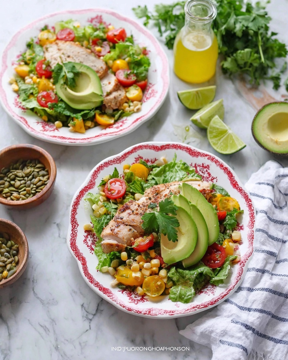 Two plates with colorful fresh salads are on a white marbled surface. Each plate is white with red floral edges and holds a layer of green leafy lettuce mixed with slices of yellow and red cherry tomatoes, corn kernels, and beans. On top of the salad, there is a piece of light brown grilled chicken, and on the chicken, there are three green slices of avocado. A sprig of green parsley rests on the avocado. Around the plates are lime wedges, a small wooden bowl with green seeds, and a clear glass bottle with yellow dressing. A folded white and blue striped cloth is on the right side of the scene. Photo taken with an iphone --ar 4:5 --v 7