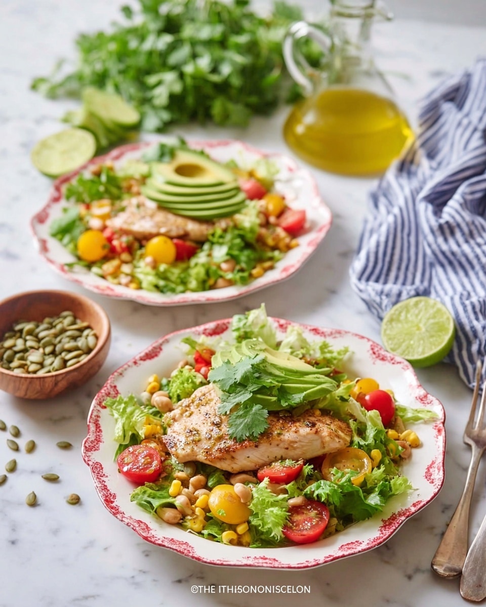 Two white scalloped-edge plates with red patterns hold fresh salads on a white marbled surface. Each plate has a base layer of bright green leafy lettuce mixed with yellow cherry tomato halves, small red grape tomato halves, and scattered corn kernels and beans. On top of the salad sits a light brown grilled piece of chicken, slightly shiny and seasoned, layered with several slices of green avocado. A sprig of fresh cilantro rests on the avocado. Near the front plate is a lime wedge and a small wooden bowl filled with green pumpkin seeds. A glass bottle filled with yellow dressing and a bunch of green herbs are blurred in the background. A blue and white striped cloth is placed on the right side. Photo taken with an iphone --ar 4:5 --v 7