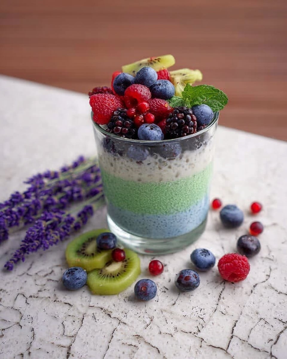 The image shows a clear glass cup with three visible layers of food: the bottom layer is white with a creamy texture, the middle layer is light blue and appears smooth, and the top layer is bright green with a thick, slightly grainy look. On the top, a mix of fresh fruits is placed, including red raspberries, blackberries, blueberries, small light green kiwi slices, and a small green mint leaf for decoration. The glass is placed on a white marbled surface with some scattered berries and kiwi slices beside it. A small bunch of purple lavender flowers lies nearby, adding a soft touch. Photo taken with an iphone --ar 4:5 --v 7