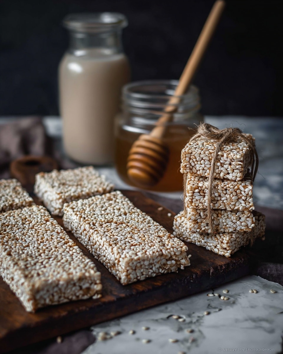 The image shows several rectangular sesame bars arranged on a dark wooden board, each bar made from tightly packed white and light brown sesame seeds, creating a textured, slightly shiny surface. On the right side, a small stack of four sesame bars tied together with natural brown twine adds height to the composition. In the background, there is a clear glass jar with a wooden honey dipper resting inside, and on the left, a clear glass bottle filled with a beige liquid, all placed on a white marbled surface with a dark backdrop. The overall look is rustic and natural, with a focus on the texture of the sesame seeds and the simplicity of the arrangement. photo taken with an iphone --ar 4:5 --v 7