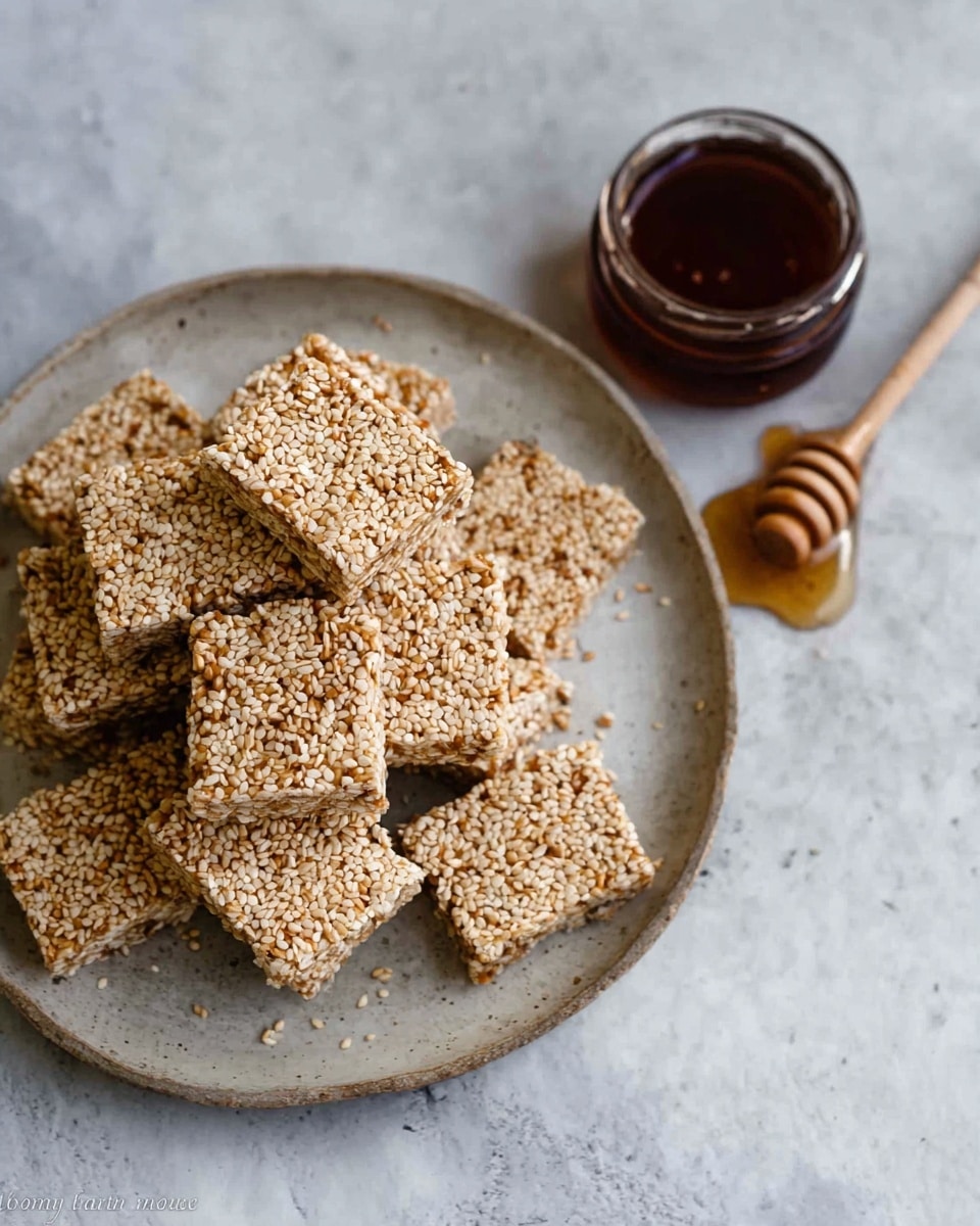 A round white plate sits on a white marbled surface, filled with square sesame seed bars that have a light golden color and a bumpy texture from the seeds covering them. The bars are stacked in small piles and scattered around the plate. On the right side of the plate, there is a small dark brown jar filled with honey, with a wooden honey dipper resting inside it. The overall look is simple and natural. photo taken with an iphone --ar 4:5 --v 7