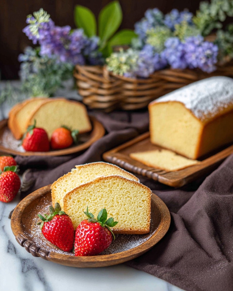 The image shows slices of light yellow pound cake with a soft, crumbly texture, lightly dusted with powdered sugar. The cake slices are placed on two small, round brown plates with wooden handles. Around the cake slices, there are bright red strawberries with green leaves, adding a fresh, colorful touch. In the background, a full rectangular loaf of the pound cake sits in a woven basket. Behind the basket, there is a bunch of purple and blue flowers with green leaves. The items rest on a dark brown cloth over a white marbled surface, creating a warm and cozy setting. Photo taken with an iphone --ar 4:5 --v 7