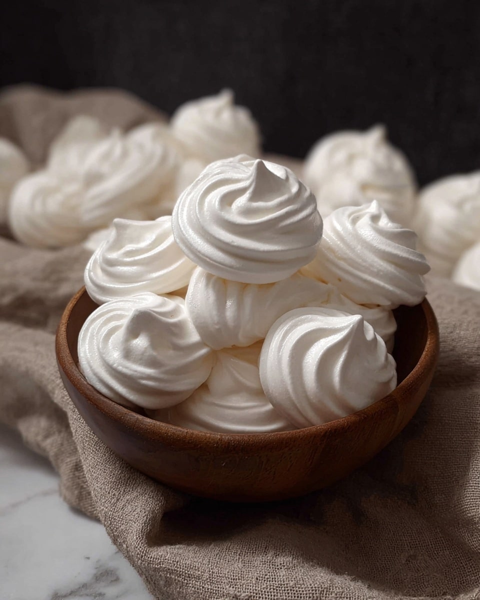 A small wooden bowl filled with many smooth, white meringue cookies having a swirled, slightly shiny texture. The meringues are piled high, overlapping one another with soft peaks visible on their tops. Behind the bowl, more meringues are scattered on a beige cloth with a rough texture. The scene is set on a white marbled surface, with a dark background that contrasts with the bright white of the meringues, focusing attention on their delicate shape and glossy finish. photo taken with an iphone --ar 4:5 --v 7