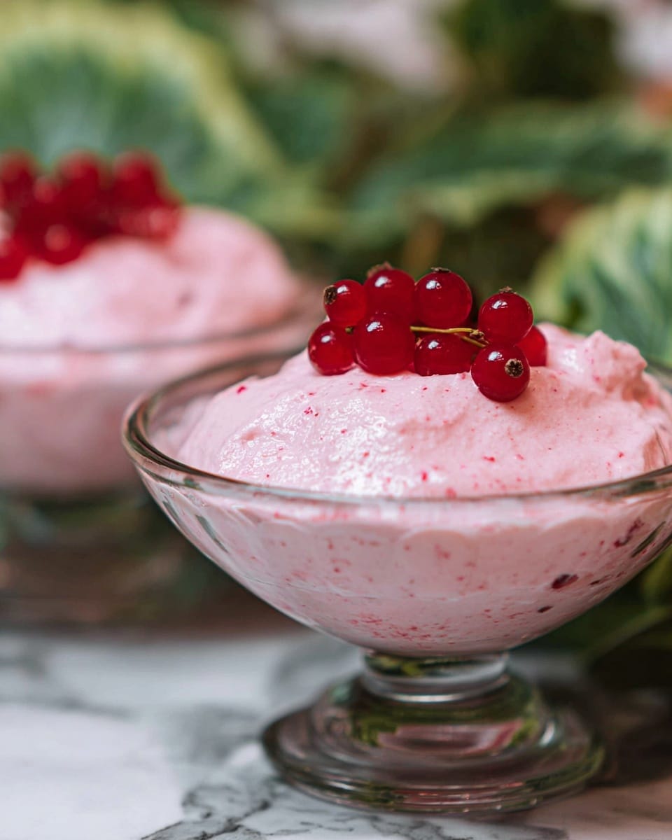 The image shows a dessert served in clear glass bowls with a smooth and fluffy light pink mousse filling most of each bowl. The mousse has small red specks inside, giving it a slightly textured look. On top of each mousse is a small cluster of shiny red berries, placed near the center. The bowls are placed on a white marbled surface, with green leaves softly blurred in the background. The scene feels fresh and colorful with the contrast between the pink mousse, red berries, and green background. Photo taken with an iphone --ar 4:5 --v 7