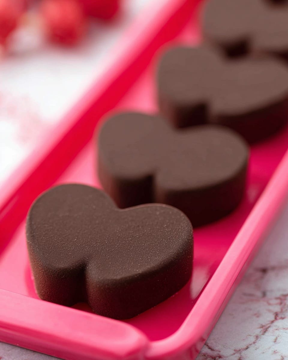 The image shows several heart-shaped chocolate treats placed on a bright pink tray. Each treat has a smooth, matte dark brown surface with a simple, flat texture. The treats are lined up in a row, with the focus on the closest heart-shaped piece, which shows a slight curve on the edges. The background is softly blurred with hints of red, while the surface the tray is on has a white marbled texture. photo taken with an iphone --ar 4:5 --v 7