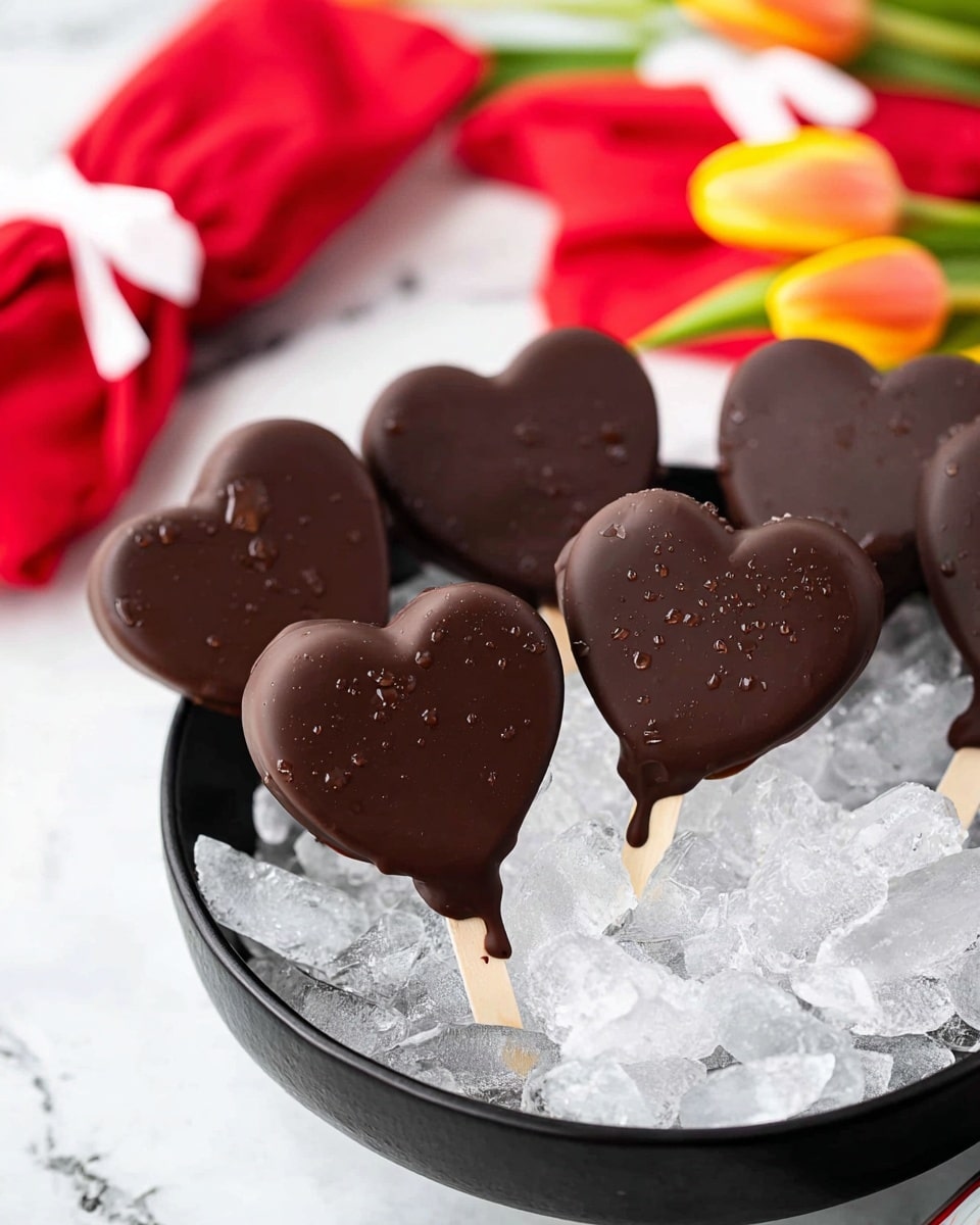 The image shows several dark chocolate-covered pops shaped like hearts on sticks, arranged in a round black bowl filled with clear ice cubes. The pops have a smooth, shiny texture, some with small water droplets on them. The bowl is placed on a white marbled surface, and in the background, there are blurred red cloth bags tied with white ribbons and a few red and yellow tulip flowers. The scene is bright and colorful with a fresh, clean look. photo taken with an iphone --ar 4:5 --v 7