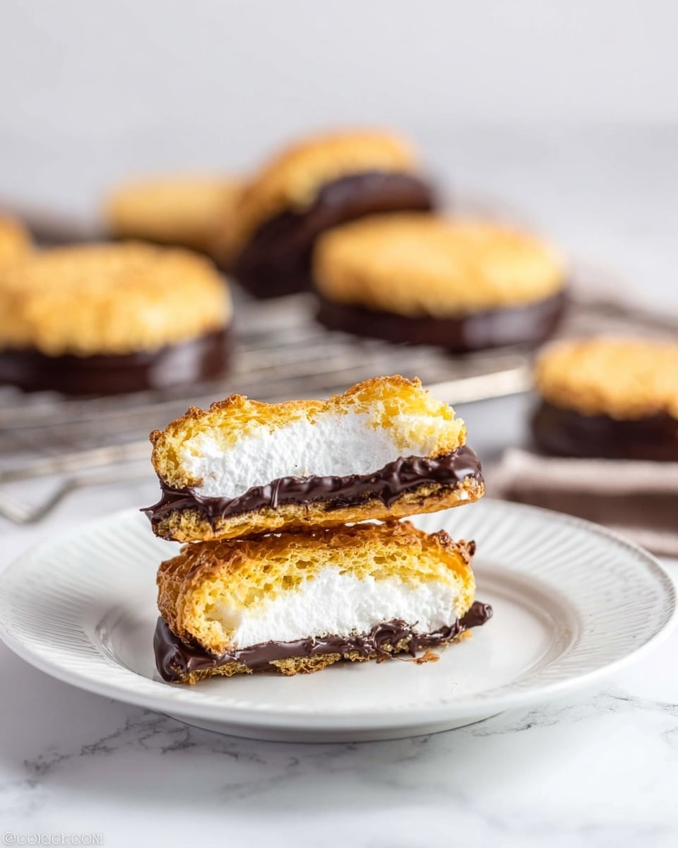 A close-up shows a crispy, golden-brown puffed wafer sandwich cut in half, revealing a thick, white creamy layer inside. The sandwich edges are partially dipped in dark chocolate, giving a rich, smooth dark layer around the bottom and sides. Two halves stand upright on a white plate with circular grooves, placed on a white marbled surface. In the background, more whole sandwich treats with the same layers are blurred on a cooling rack. The overall look is light and clean with a focus on the textures of the crispy wafer, soft cream, and glossy chocolate. photo taken with an iphone --ar 4:5 --v 7