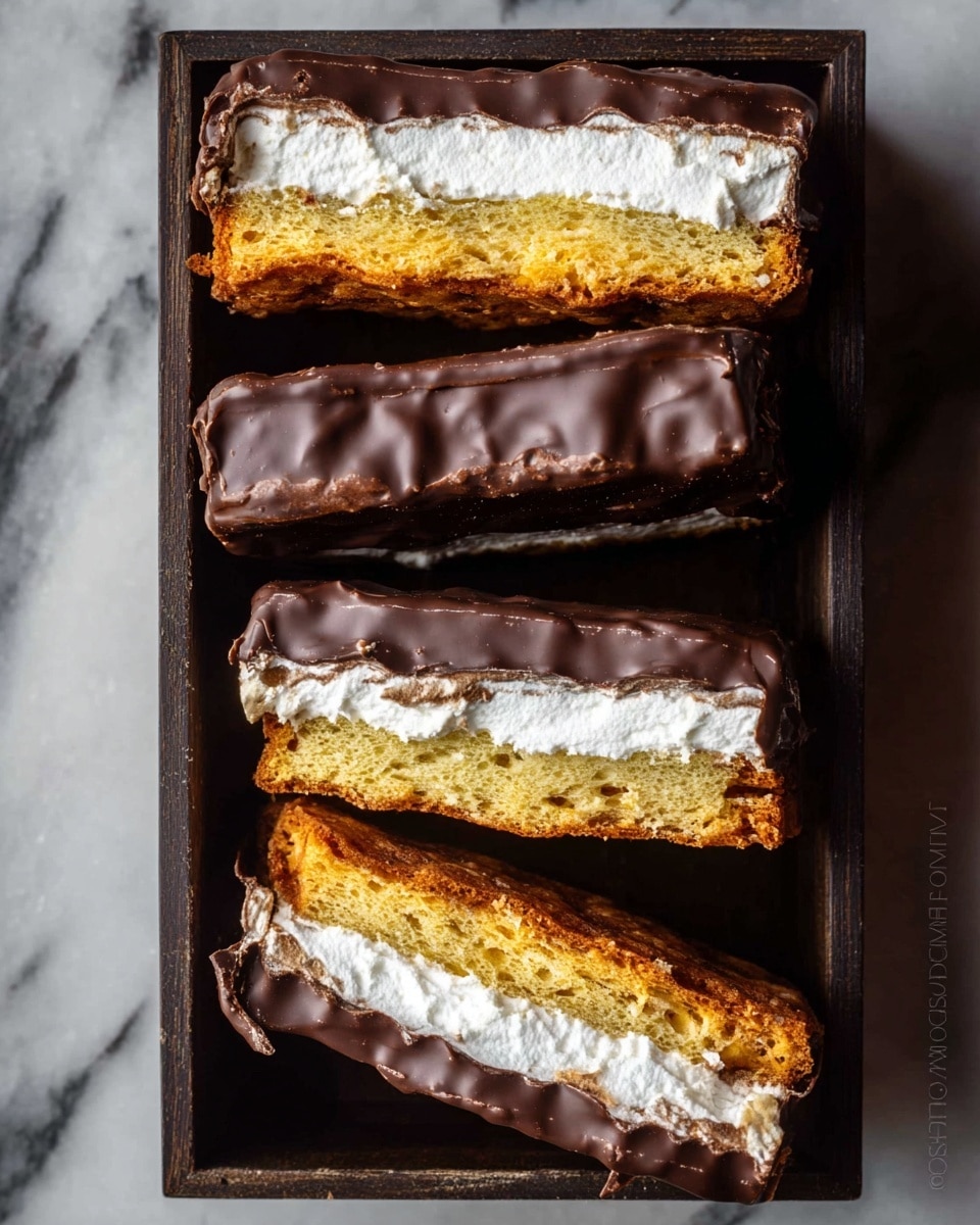 The image shows four layered treats arranged in a dark rectangular wooden box placed on a white marbled surface. Each treat has three visible layers: a bottom layer that looks golden and airy with a slightly rough texture, a thick middle layer of smooth white cream, and a top layer coated in a shiny dark chocolate that has a slightly wavy surface. The treats are cut in half to clearly show the layers inside, with one piece positioned diagonally at the bottom right corner. The lighting highlights the glossy chocolate and the airy texture of the golden layers. photo taken with an iphone --ar 4:5 --v 7