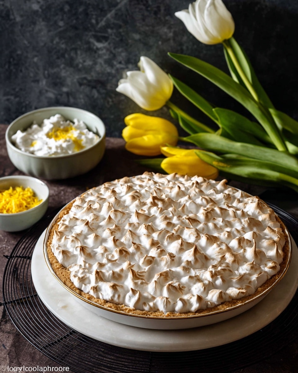 The image shows a lemon meringue pie on a white plate with a slice removed, revealing three layers: a light beige crust, a creamy pale yellow lemon filling, and a top layer of white meringue with toasted golden tips. A slice of the pie is placed on an off-white decorative plate in the foreground, accompanied by three thin lemon slices on the side. The meringue on the slice has soft peaks with some toasted brown spots. To the right, there is a gray bowl filled with bright yellow lemon zest and a few lemon slices. The scene is set on a white marbled surface with a soft light, creating a fresh and inviting look. Photo taken with an iphone --ar 4:5 --v 7