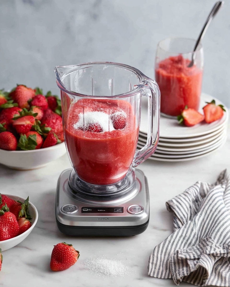 A clear blender jar sits on a silver base on a white marbled surface, filled with bright red strawberry puree swirled smoothly with two halves of a strawberry and a heap of white granulated sugar on top. To the left, there is a white bowl full of fresh whole strawberries, and a few loose strawberries scattered near the blender. In the upper right, a transparent glass filled with strawberry puree holds two whole strawberries, with a spoon inside. Behind the glass are four stacked white plates. A striped cloth is partly visible to the right. Photo taken with an iphone --ar 4:5 --v 7