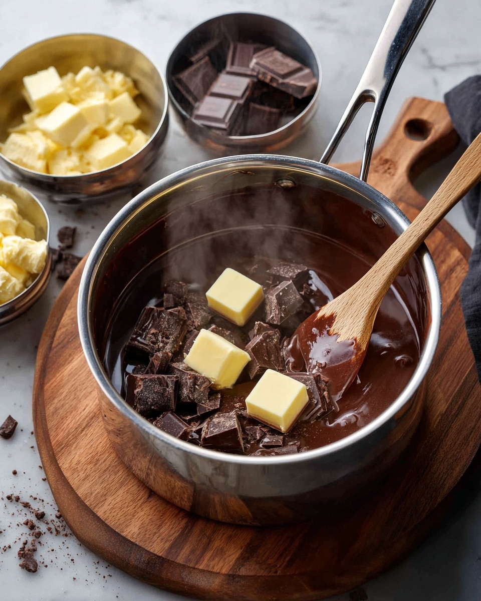 A silver pot filled with dark brown melted chocolate that has chunk pieces of chocolate and three small pale yellow butter squares on top, a wooden spoon stirring the mixture in the middle of the pot, the pot sits on a wooden board, with two metal bowls behind it—one with yellow butter chunks and the other with small dark chocolate pieces, steam rising gently from the pot, all on a white marbled surface photo taken with an iphone --ar 4:5 --v 7