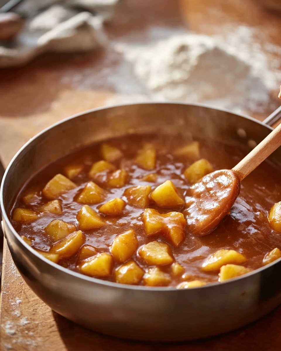 A shiny silver pan filled with a thick brown sauce with many small yellow potato cubes inside it. A woman's hand holding a wooden spoon is stirring the mixture, and the sauce looks smooth and glossy. The background shows some flour on a wood surface, with a soft warm light coming from the side. The photo has a shallow focus with the pan and sauce in clear view and the background blurred out softly. photo taken with an iphone --ar 4:5 --v 7