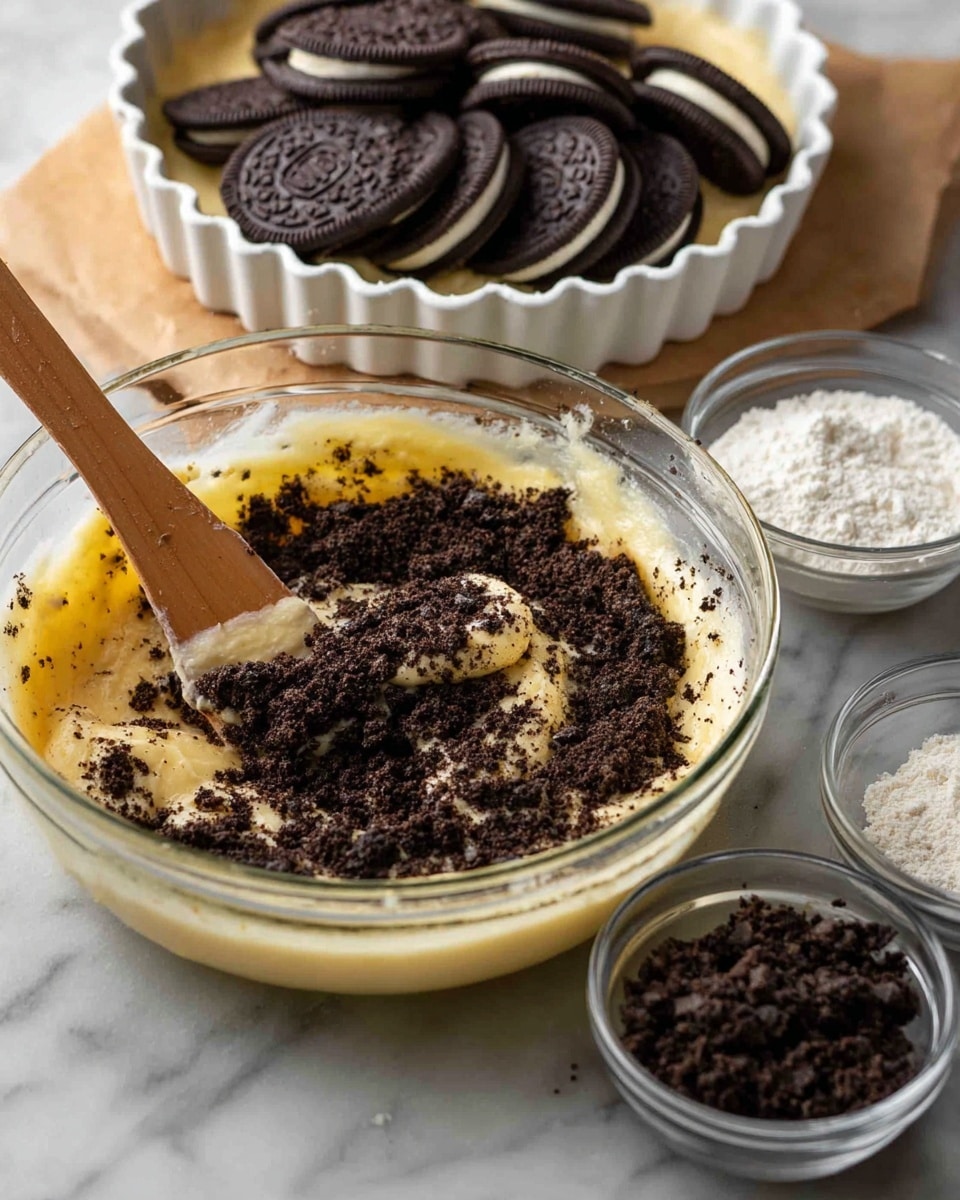The image shows a clear glass mixing bowl containing a pale yellow batter mixed with dark brown cookie crumbs on top, with a wooden spatula partially buried in the mix. Behind it, there is a fluted white tart pan filled with whole chocolate sandwich cookies, and two small clear glass bowls nearby with one holding white powder and the other filled with more crumbled dark cookie pieces. All items are placed on a white marbled surface. photo taken with an iphone --ar 4:5 --v 7