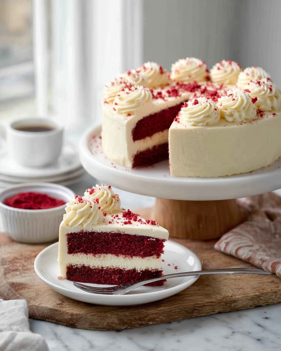 A white round cake with two visible layers is shown, the bottom and middle layers are deep red and soft, while the top and frosting layers are creamy off-white. The cake is decorated with swirls of creamy white frosting on top, mixed with small red crumbs. One slice is placed on a white plate in front of the cake, showing the red and creamy layers clearly. The plate rests on a wooden surface, and a woman's hand with a fork is near the slice. The background is a white marbled surface by a bright window, with a small white bowl of red powder nearby. Photo taken with an iphone --ar 4:5 --v 7