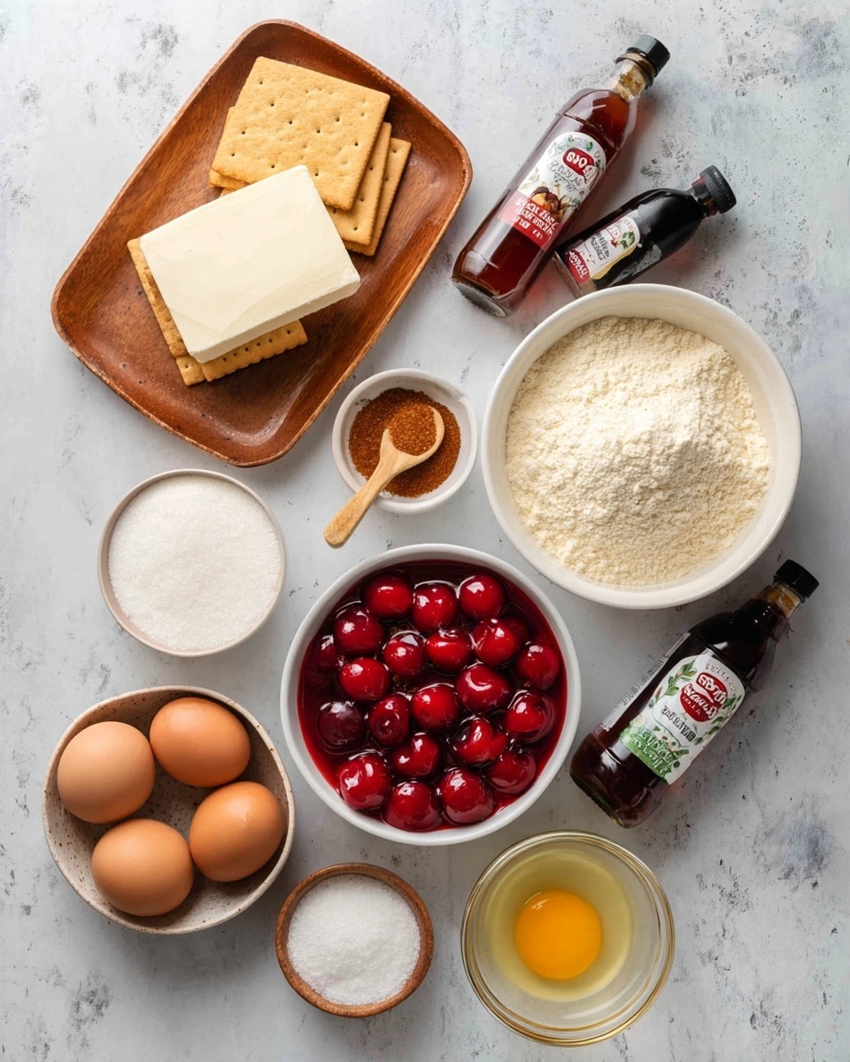 The image shows various ingredients arranged neatly on a white marbled surface. There is a wooden tray holding three square crackers and a block of white cheese or cream. Next to the tray is a white bowl filled with light yellow flour. Around these are four brown eggs, a small white bowl of brown sugar, another white bowl with white sugar, and a wooden spoon. A white bowl filled with bright red cherries in syrup is central in the image. There is a small glass bowl with an egg yolk and two bottles of vanilla extract and almond extract placed on the surface. Photo taken with an iphone --ar 4:5 --v 7