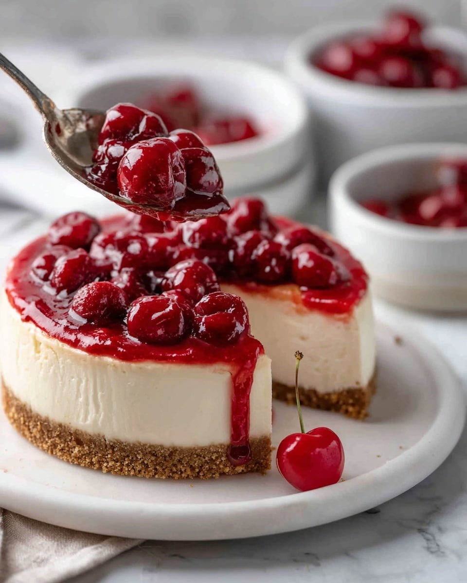 A round cheesecake with three visible layers sits on a white plate over a white marbled surface. The bottom layer is a crumbly brown crust. The thick middle layer is creamy white and smooth. The top layer is a shiny red cherry topping made of whole cherries in a thick sauce. A metal spoon lifts some of the cherry topping from the cake. There is one bright red cherry resting on the white marbled surface near the plate. In the blurred background, there are two white bowls filled with more cherries and cherry sauce. Photo taken with an iphone --ar 4:5 --v 7