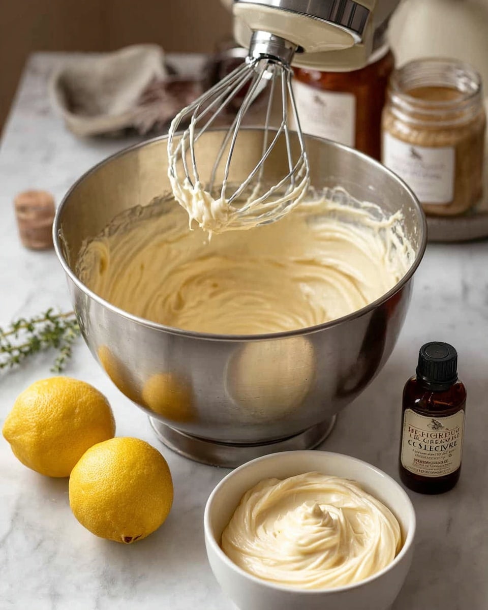 A shiny metal bowl filled with a thick, creamy pale yellow mixture is being mixed by a standing mixer with a metal whisk attachment, which has some of the cream clinging to it. In front of the bowl, a small white bowl holds a similar cream with a smooth texture. To the left, a halved lemon shows bright yellow inside, and in the background on a white marbled surface are two glass jars with brown and beige contents and a small dark bottle labeled