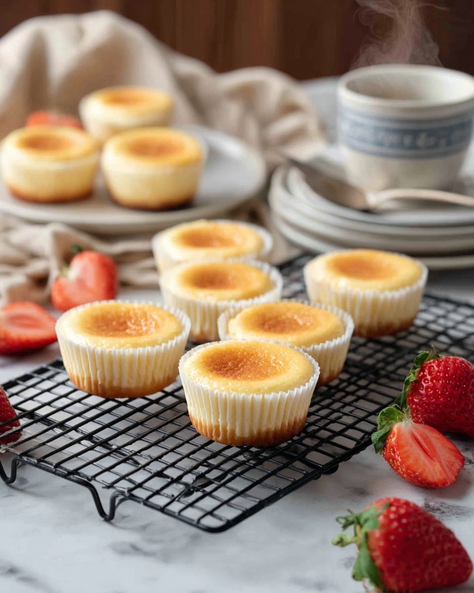 Six small cheesecakes with a golden top and light yellow body in white paper liners sit on a black cooling rack that is placed on a white marbled surface. In the background, another white plate holds four cheesecakes softly blurred. To the right, halves of red strawberries with green leaves rest on the surface and a white plate. A steaming cup with a subtle blue pattern is on two white plates stacked, with a spoon resting beside the strawberries. A beige cloth is casually placed behind the cooling rack. photo taken with an iphone --ar 4:5 --v 7