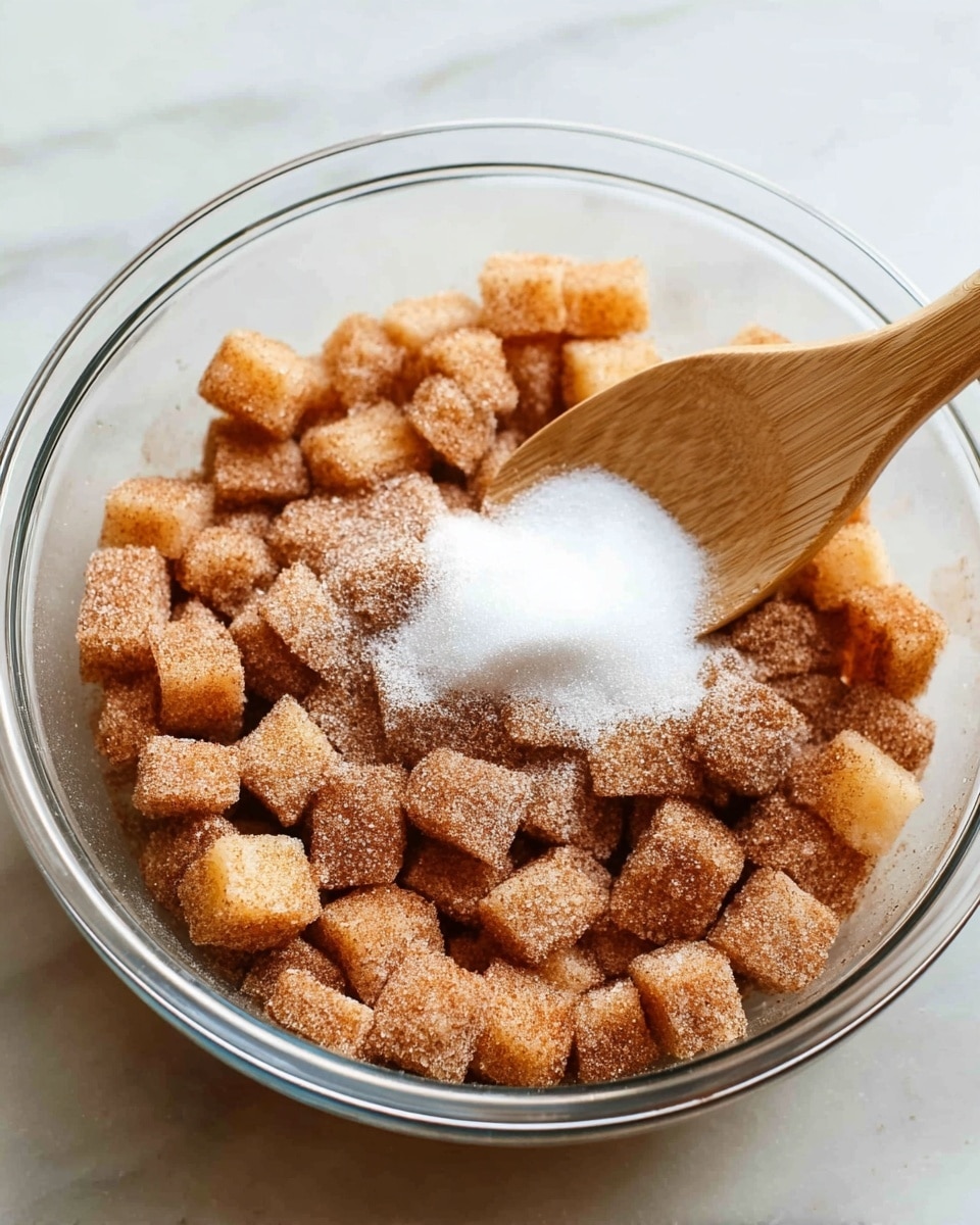 The image shows a clear glass bowl filled with small, cube-shaped pieces of fruit covered with a light brown powder, likely cinnamon, spread evenly on top. In the center of the bowl, there is a small pile of white granulated sugar. A wooden spoon with a smooth texture rests inside the bowl on the right side, partly submerged in the fruit. The bowl sits on a white marbled surface, creating a clean and bright background. Photo taken with an iphone --ar 4:5 --v 7