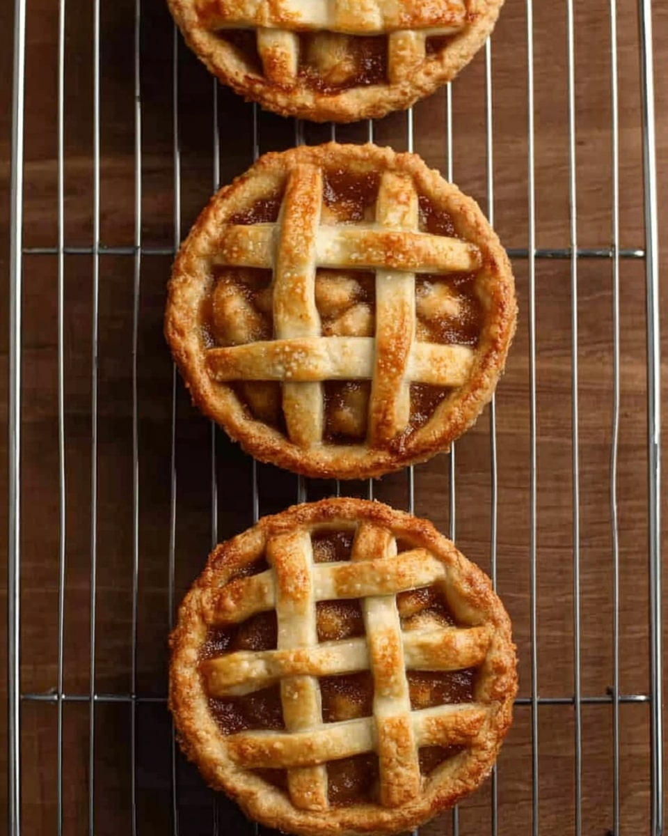 The image shows three small round pies placed on a silver wire cooling rack. Each pie has a golden brown lattice crust on top, made of crisscrossed strips of dough with a smooth and slightly shiny texture. The filling is visible through the lattice and looks thick and dark brown. The pies are arranged vertically, with even spacing between them, and the wire rack rests on a wooden surface. photo taken with an iphone --ar 4:5 --v 7