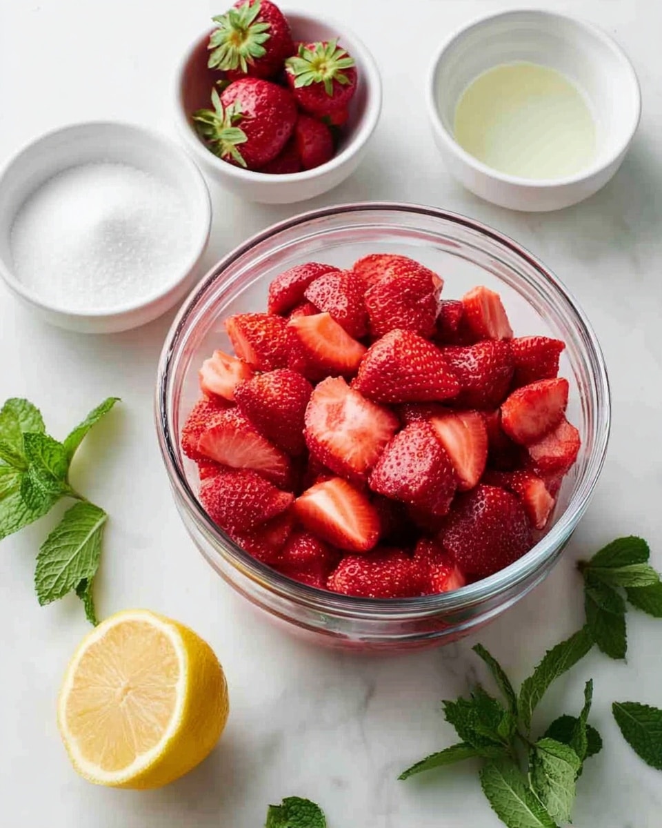 A clear glass bowl is filled with two layers of fresh strawberries: the bottom layer is whole strawberries, topped with a second layer of strawberry halves, showing bright red color and juicy texture. Around the bowl on a white marbled surface, there are three small white bowls—one with granulated sugar, one with whole strawberries with green leaves, and another with a white liquid. A halved lemon with bright yellow color sits next to some green mint leaves scattered on the surface. The scene is bright and fresh, with natural lighting, photo taken with an iphone --ar 4:5 --v 7