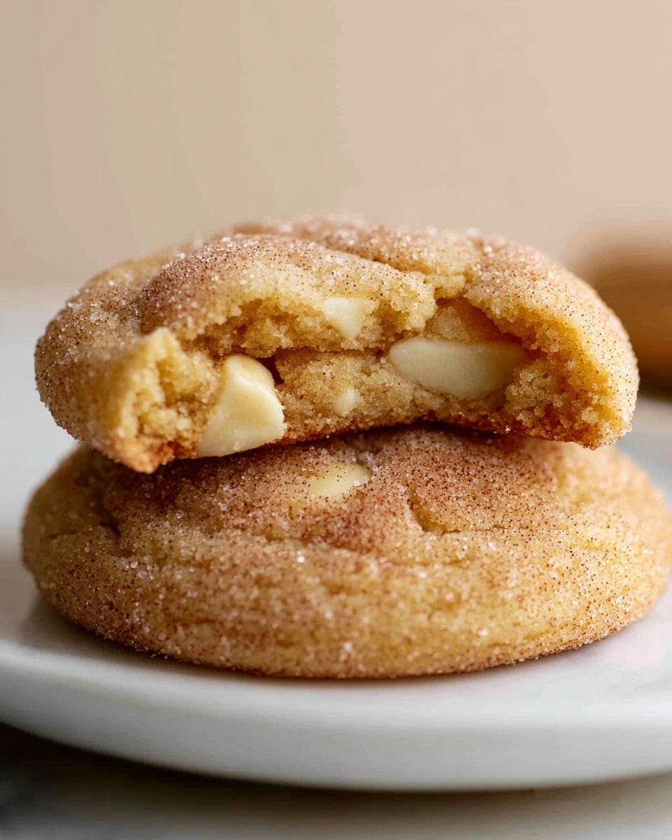 Two soft, round cookies stacked on a white plate are shown on a white marbled surface. The bottom cookie is whole, with a slightly cracked, sugar-coated light brown surface. The top cookie has a bite taken out, showing a soft, light yellow interior with chunks of melted white chocolate inside. The sugar coating on the top cookie adds a grainy texture, making the cookies look fresh and chewy. photo taken with an iphone --ar 4:5 --v 7