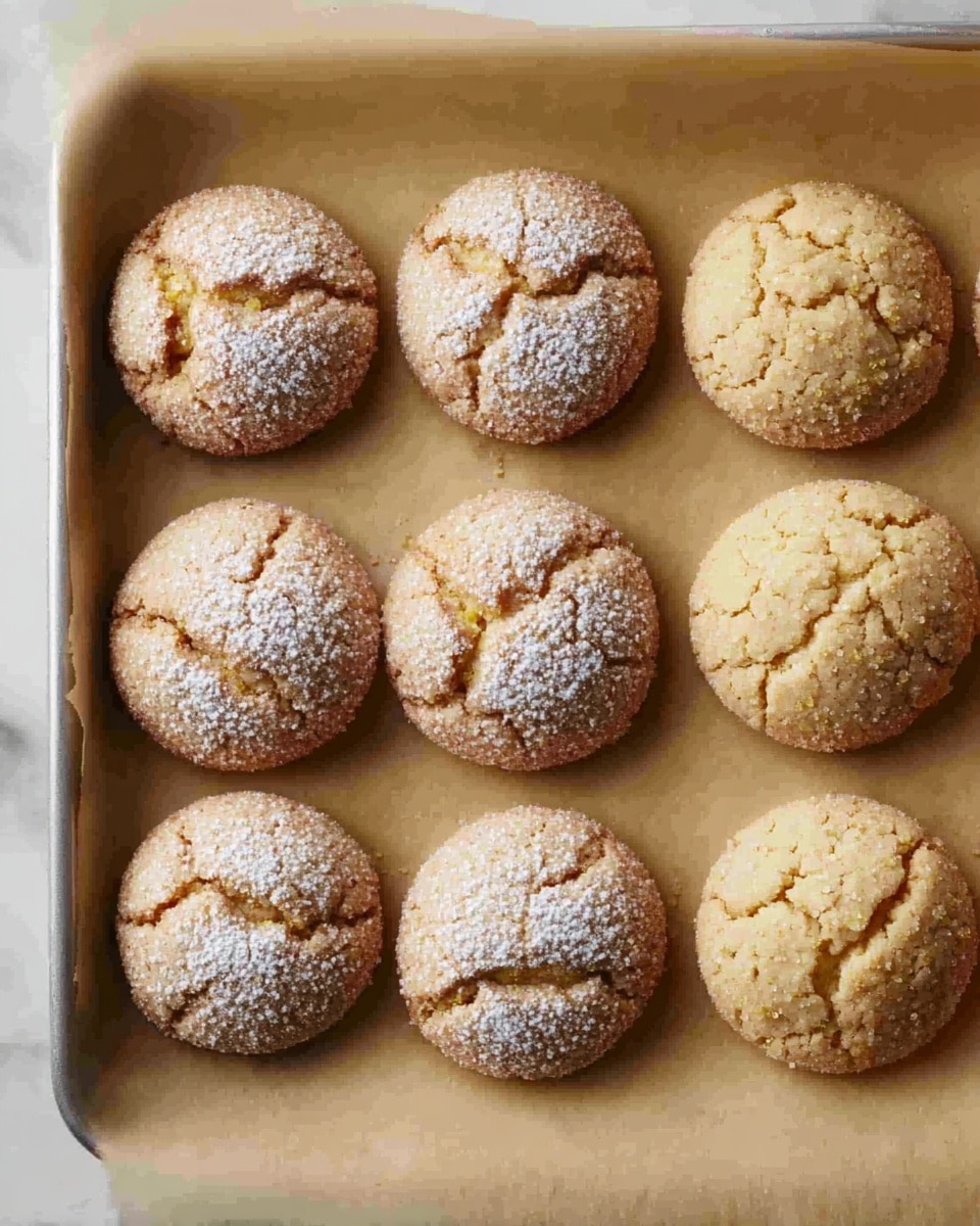 Eight round cookies are placed in two neat columns on a baking paper with a light brown color. Each cookie is light golden brown, some with cracked tops showing a soft inside with chunks of a little darker filling, while others are smoother and dusted evenly with powdered sugar, giving a gentle white textured look. The cookies have a slightly rough surface with a fine, grainy texture visible. On the right edge, a shiny silver metal tray is partly visible, contrasting with the baking paper. The image background is a white marbled texture photo taken with an iphone --ar 4:5 --v 7