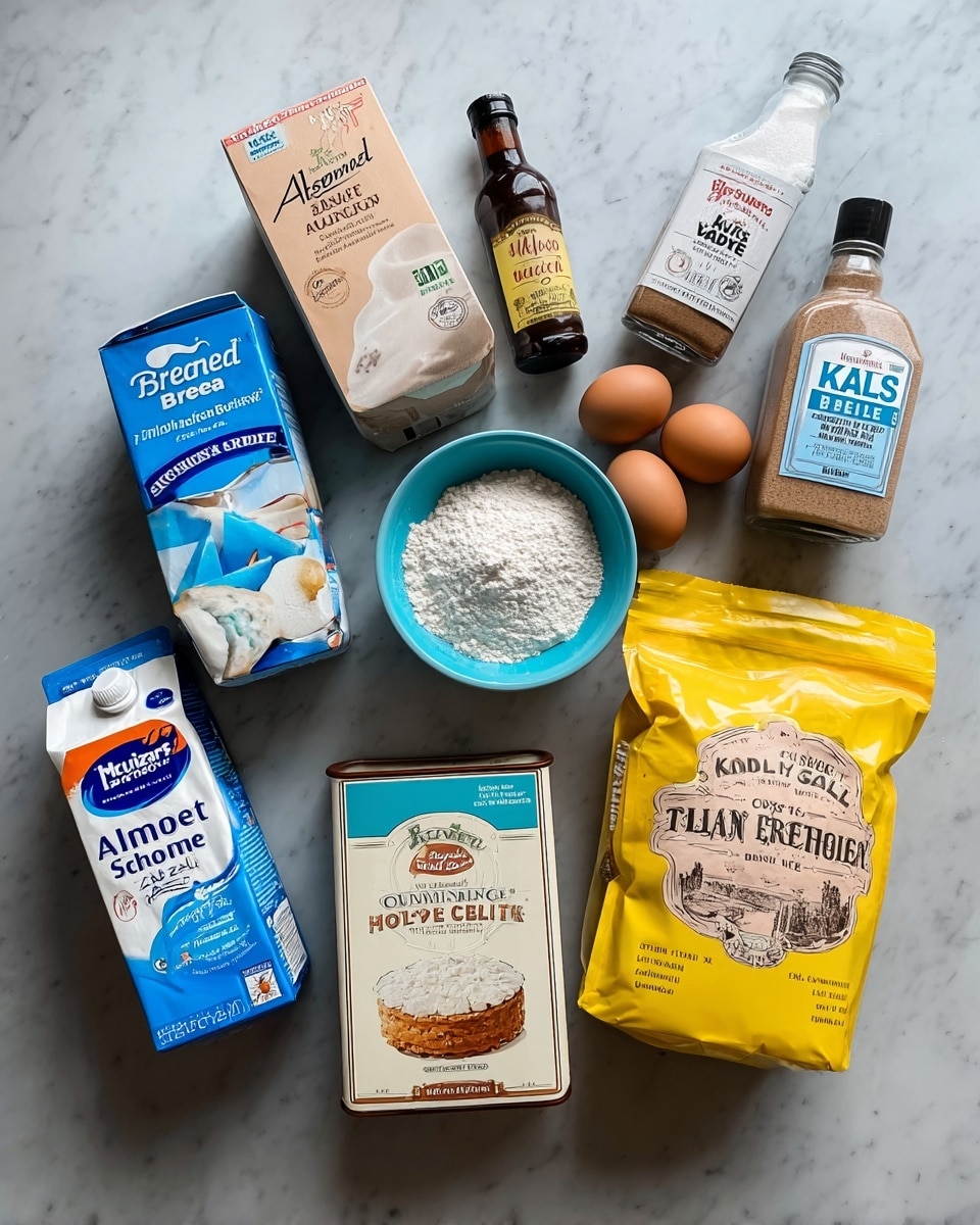 The image shows a collection of baking ingredients arranged neatly on a white marbled surface. From left to right, there is a blue and white container of Spectrum organic shortening at the bottom left, next to a blue carton of Almond Breeze unsweetened vanilla almond milk. Above the shortening is a beige box of Bowl & Basket pure baking soda, next to a dark brown bottle of Watkins organic pure vanilla, and two brown eggs placed side by side. To the right of the eggs, there is a clear spice bottle of Happy Bell ground nutmeg, followed by a white and blue container of Kalas classic salt. On the far right is a yellow bag of unrefined coconut sugar with a clear window showing the sugar inside. In front of the eggs and vanilla bottle, there is a white and blue bag of Krusteaz gluten-free all-purpose flour with an image of flour in a blue bowl. Lastly, in front of the salt container and coconut sugar is a beige tin of Trader Joe’s baking powder with a vintage cake illustration on it. The colors are soft and natural, and the ingredients are well lit, with the whole scene conveying a clean and organized baking setup. Photo taken with an iphone --ar 4:5 --v 7