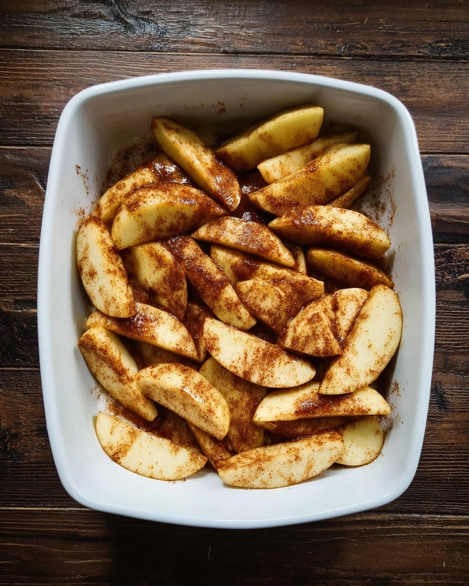 The image shows a white square baking dish filled with several slices of apple coated in a cinnamon spice mix. The apple pieces are cut into medium-thin wedges, each with a light yellow color and a layer of brown cinnamon spice covering parts of the surface. The apples are spread evenly in the dish with a slight shine from the cinnamon mixture, and the dish is placed on a dark wooden surface. photo taken with an iphone --ar 4:5 --v 7