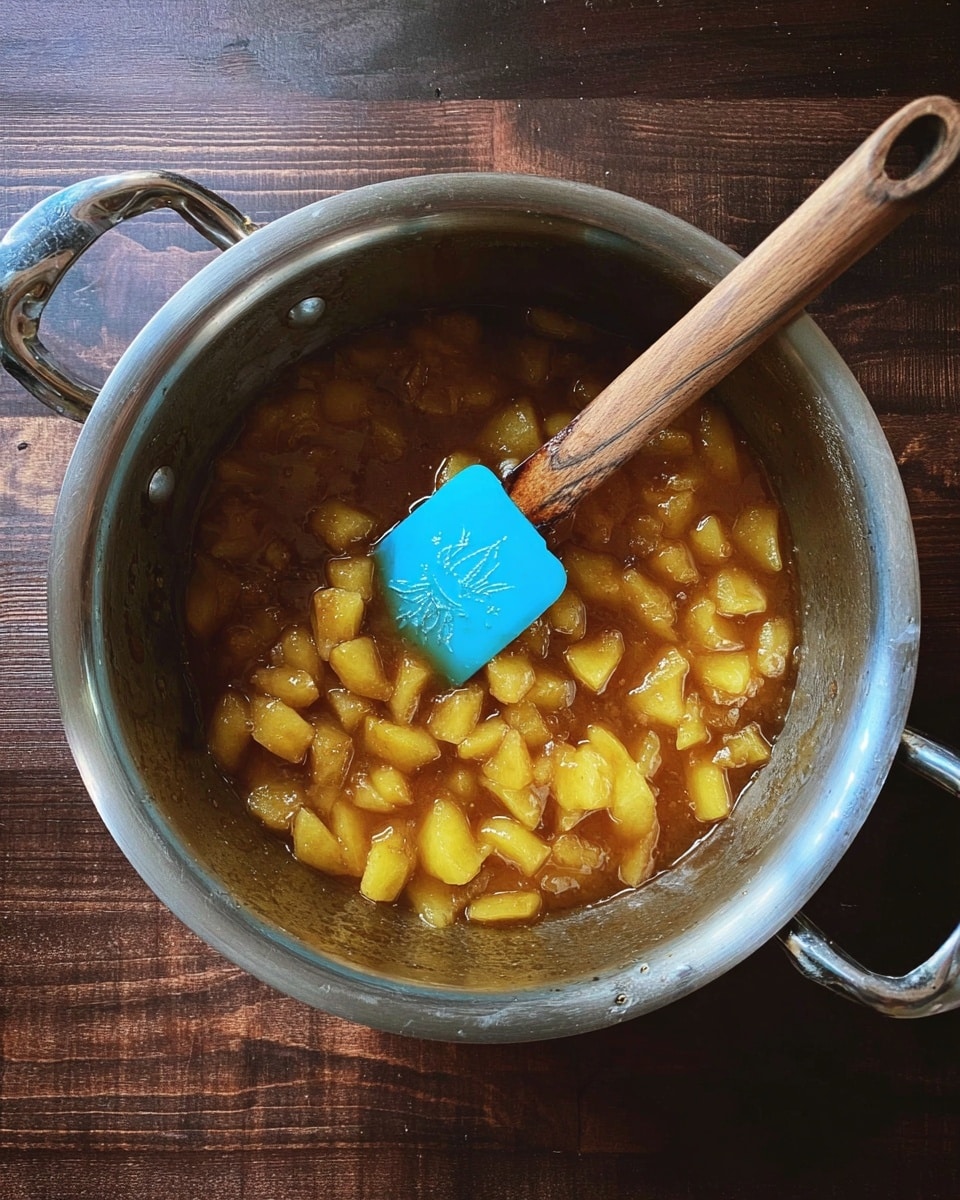 A silver metal pot filled with small, soft yellow fruit pieces cooking in thick brown syrupy liquid, with a blue spatula that has a wooden handle resting inside the pot. The pot is placed on a dark wooden surface. The overall look shows a warm, caramelizing cooking process. photo taken with an iphone --ar 4:5 --v 7