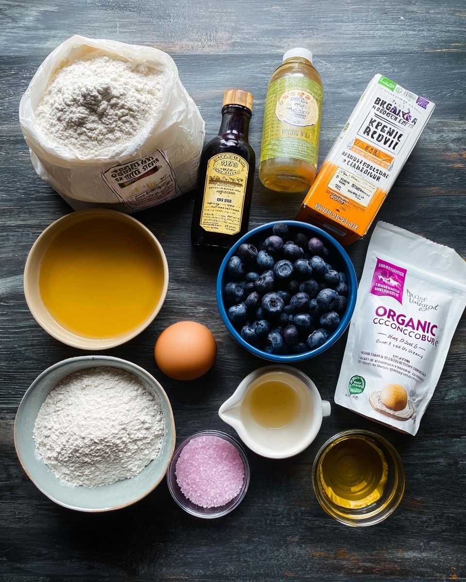 A top-down view of various baking ingredients arranged neatly on a dark wooden surface, including a large white bag of cassava flour on the left, a small dark bottle of vanilla extract behind it, a yellowish bottle of organic apple cider vinegar in the center, next to a plastic container filled with fresh blueberries; behind them, there is a slightly worn tin of baking powder and a box of baking soda. To the right, a white pouch of organic coconut sugar rests next to a small white bowl filled with a light golden liquid or puree. In the front row, a single brown egg is placed between a small bright pink bowl of pink salt on the left and a small clear glass bowl of oil next to it. The surface is a white marbled texture, photo taken with an iphone --ar 4:5 --v 7