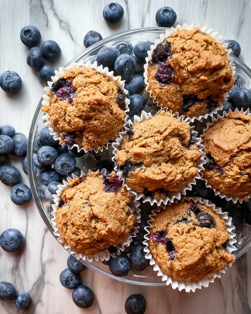 A clear glass plate filled with seven blueberry muffins in white paper liners, each muffin showing a rough, textured top with visible blueberries embedded inside and some peeking out, the muffins have a light brown color. Scattered around the plate are fresh, round blueberries with a deep blue shade, all set on a white marbled surface. Photo taken with an iphone --ar 4:5 --v 7