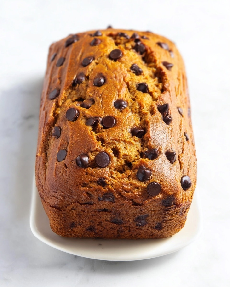 A rectangular loaf of golden brown bread is shown on a white plate placed on a white marbled surface. The bread has a slightly cracked top with visible ridges and is dotted with many dark chocolate chips distributed across the surface and embedded within the loaf. The texture looks soft with a lightly crisp crust. The loaf fills most of the plate, creating a warm and inviting visual. photo taken with an iphone --ar 4:5 --v 7