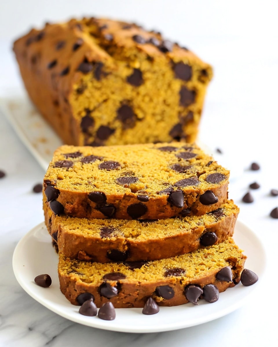 The image shows a loaf of chocolate chip pumpkin bread with three thick, golden-brown slices stacked on a white plate in the front. Each slice has visible dark chocolate chips scattered inside and around the edges, contrasting with the soft, slightly crumbly texture of the pumpkin bread. Behind the plate is a larger portion of the same loaf, uncut, showing the moist interior filled with chocolate chips. The whole scene is set on a white marbled surface, creating a clean and bright background. photo taken with an iphone --ar 4:5 --v 7