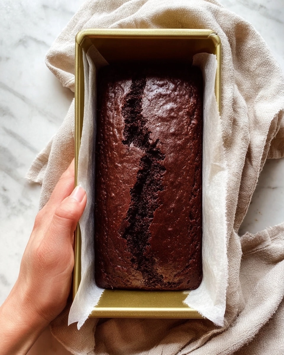 A dark brown chocolate loaf cake with a cracked top surface, showing a rich and slightly rough texture, is inside a gold-colored rectangular baking tin lined with white parchment paper. A woman's hand holding a light beige cloth grips the tin gently at the bottom side. The background is a white marbled surface. photo taken with an iphone --ar 4:5 --v 7