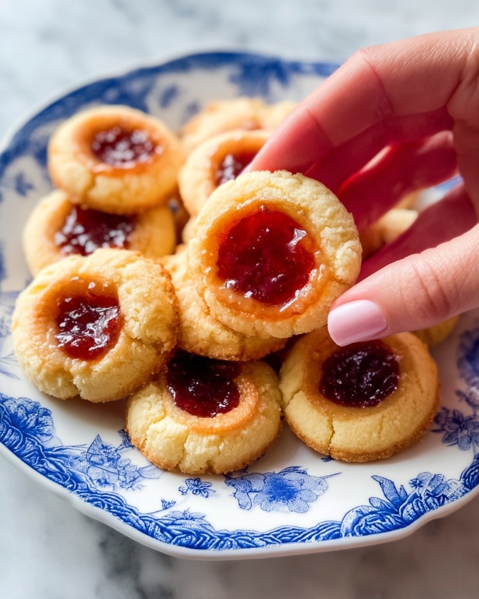 A close-up view shows a woman's hand holding a small round cookie with a light golden-brown baked dough base and a glossy deep red jam filling in the center. The plate under the cookies is white with a blue floral and wave pattern along the edge. On the plate, there is a pile of similar cookies, each with a crusty light beige dough ring around a glossy jam center that varies in shade from amber to dark red. The surface beneath the plate is white marble with subtle light gray veins. photo taken with an iphone --ar 4:5 --v 7