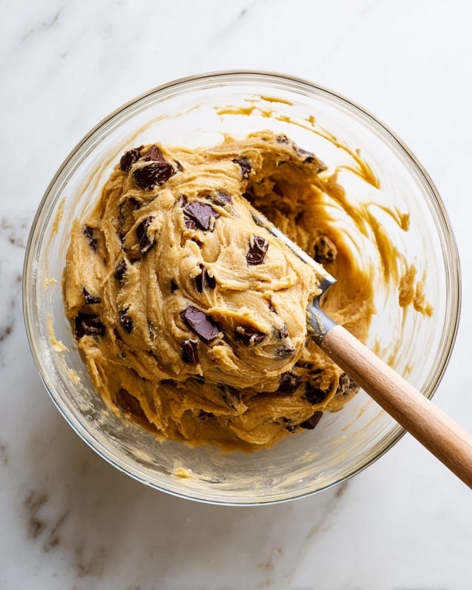 A clear glass bowl contains light brown cookie dough mixed with large, dark brown chocolate chunks spread throughout the mixture. The dough has a thick and creamy texture with some swirls and ridges. A wooden-handled spatula is inserted into the dough on the right side of the bowl, resting on the white marbled surface underneath. The dough looks soft and freshly mixed, showing a mix of smooth and slightly chunky textures. photo taken with an iphone --ar 4:5 --v 7