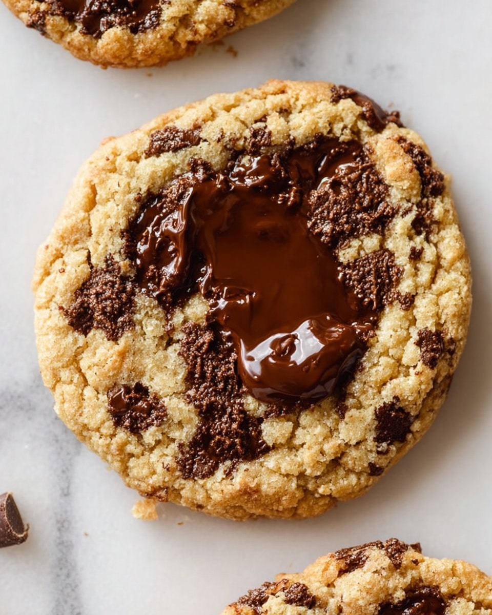 Three large chocolate chip cookies lie on a white marbled textured surface with parchment paper. Each cookie has a rough golden-brown outer edge and a soft center filled with melted dark and milk chocolate chunks. The uneven texture shows bits of chocolate embedded throughout, with some chocolate slightly shiny and melted on top. Small crumbs and chocolate pieces scatter on the parchment paper around the cookies. photo taken with an iphone --ar 4:5 --v 7