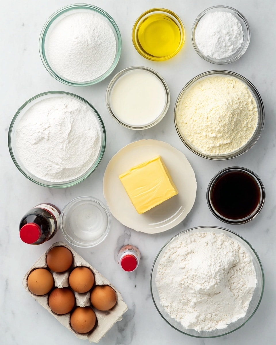 The image shows a variety of baking ingredients arranged neatly on a white marbled surface. There are clear glass bowls of different sizes filled with white powdery sugar, flour, and powdered sugar, while a smaller bowl has a yellow liquid, possibly oil. A bowl with a white creamy texture and another small bowl with a light liquid, likely milk, are present. On a white plate, there is a block of yellow butter. Nearby, there is a small bottle with a red cap, possibly vanilla extract, and a small glass bowl with a dark brown liquid. Three brown eggs rest in a white egg holder. The setup is clean and organized, offering a clear view of all ingredients used for baking photo taken with an iphone --ar 4:5 --v 7