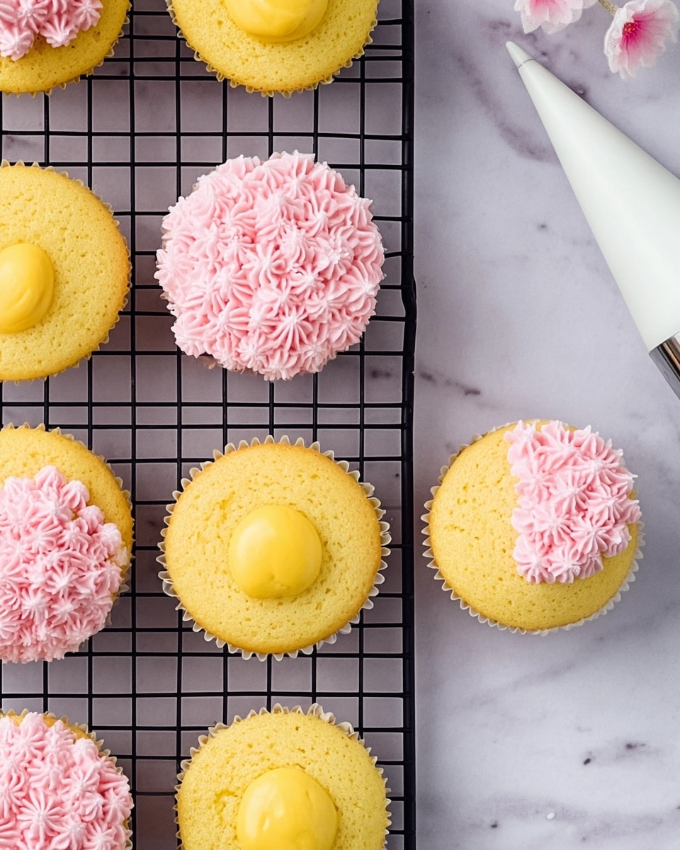 The image shows several yellow cupcakes arranged on a black cooling rack over a white marbled surface. Most cupcakes have a smooth, glossy yellow filling in the center. Two cupcakes have a thick layer of soft, fluffy pink frosting on top, piped in many small, ruffled petals covering the entire surface. One cupcake is half decorated with pink frosting on one side and yellow filling in the center. A white piping bag with a metal tip rests on the bottom right corner, pointing towards the cupcakes. photo taken with an iphone --ar 4:5 --v 7