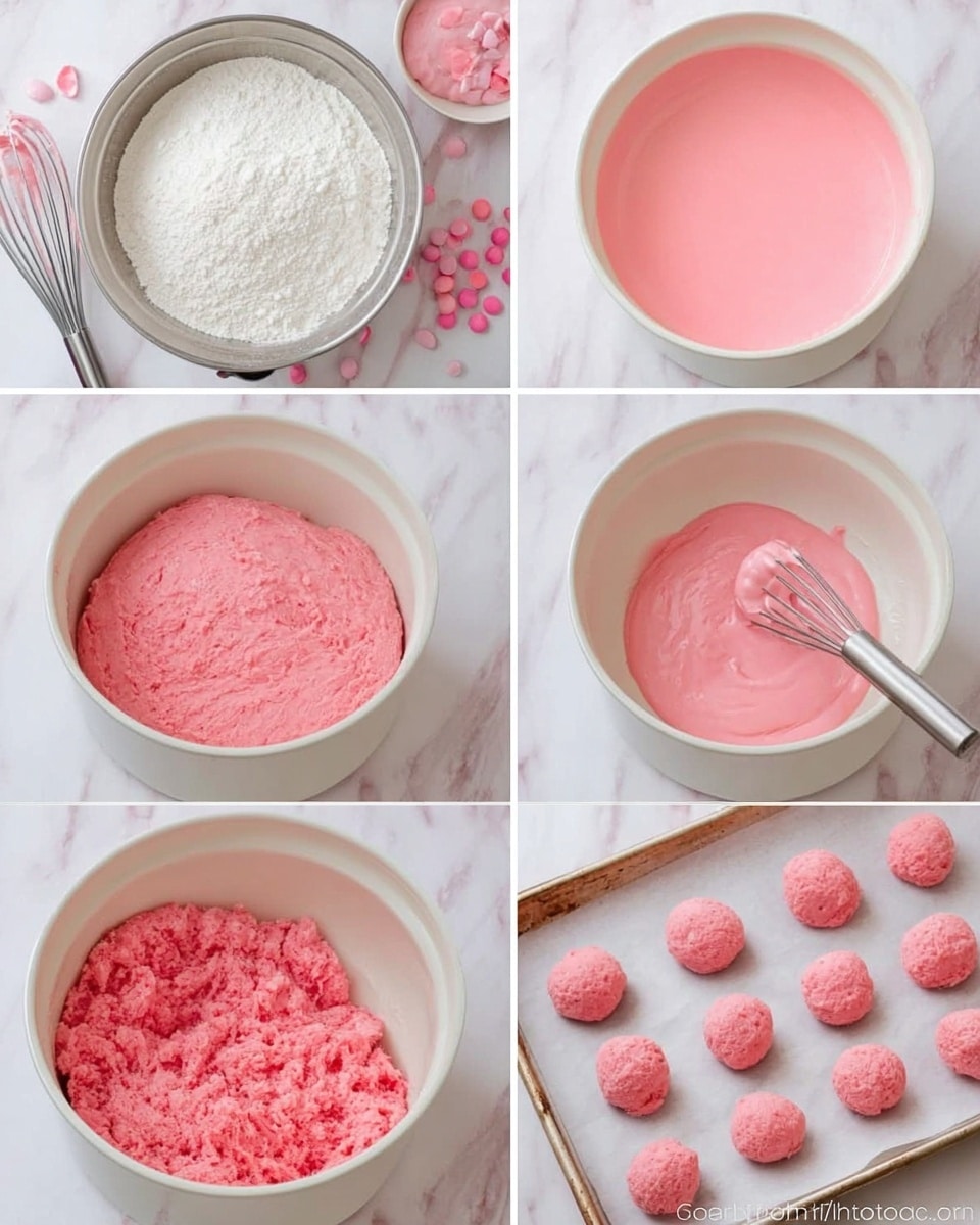 The image grid shows six steps of making a pink dessert. The first image has a white metal bowl filled with white flour on a white marbled surface, with a whisk and pink candy pieces around. The second image shows a smooth, light pink batter spread evenly in a white round pan on the same surface. The third image displays thick, light pink dough mixed in a white metal bowl with a whisk inside. The fourth image is a rougher, denser pink dough in the white metal bowl with a spoon. The fifth image shows small pink dough balls placed on parchment paper on a baking tray with a white marbled background. The sixth image shows a white bowl filled with smooth hot pink glaze or icing, a spoon resting inside, dipping one of the pink balls, with more balls on parchment paper nearby. Photo taken with an iphone --ar 4:5 --v 7