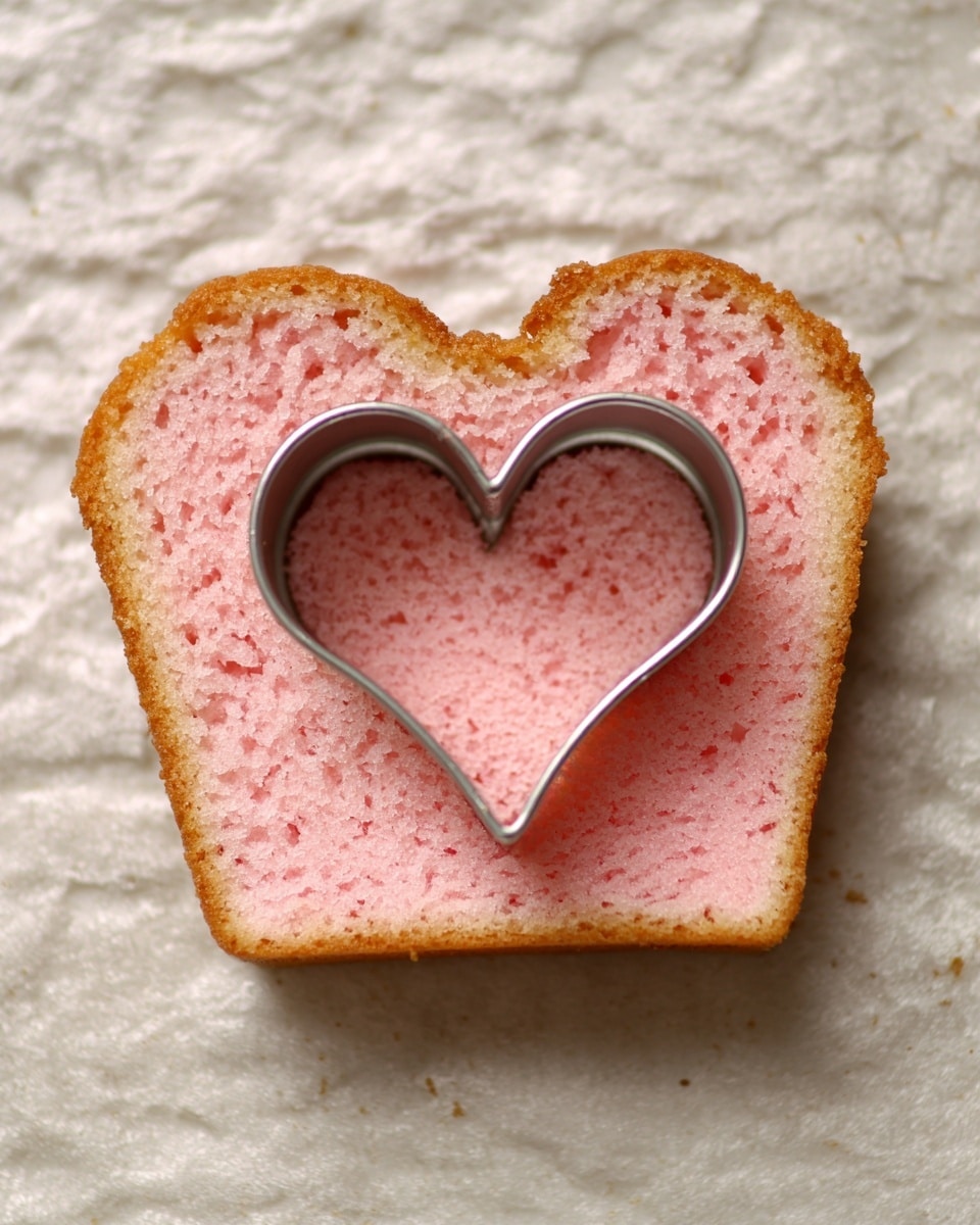 A single slice of pink cake sits on a white marbled textured surface, with a metal heart-shaped cookie cutter pressed into the middle of the cake slice. The cake has a light pink, soft, and spongy texture inside with a slightly darker golden-brown crust around the edges. The cookie cutter's wavy edges frame a heart shape cut from the cake's center, showing the cake's inner texture clearly. The overall composition highlights the contrast between the pink cake and the shiny metal cutter. photo taken with an iphone --ar 4:5 --v 7